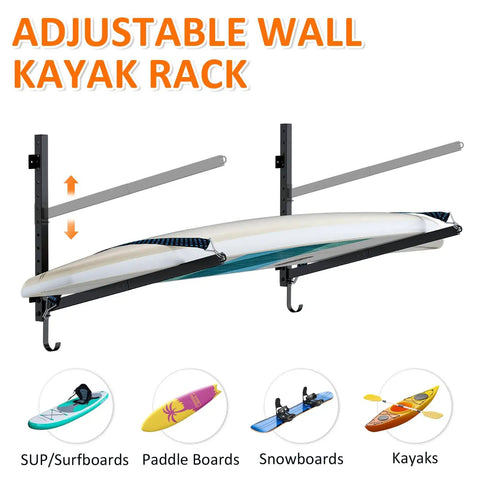 Adjustable wall mounted kayak rack holding a kayak, showing garage organization and storage for SUPs and boards.