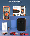 Full starter kit of 6000 Counts TRMS Digital Multimeter with NCV and auto ranging, shows multimeter, case, and accessories