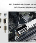Heavy Duty M.2 SSD Screw Kit Offering Smooth Setup Featuring Rock Solid Standoffs for Asus Gigabyte MSI Motherboards with screws.