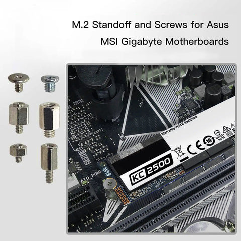 Heavy Duty M.2 SSD Screw Kit Offering Smooth Setup Featuring Rock Solid Standoffs for Asus Gigabyte MSI Motherboards with screws.