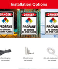 Heavy Duty Aluminum Warning Sign Two Pack Danger Propane No Smoking No Open Flames Plaque Large 14 By 10 Inch installation options shown