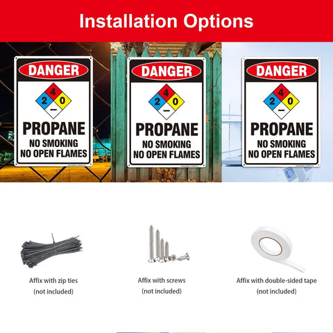 Heavy Duty Aluminum Warning Sign Two Pack Danger Propane No Smoking No Open Flames Plaque Large 14 By 10 Inch installation options shown