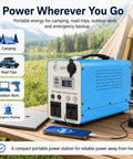 Heavy Duty LiFePO4 Portable Power Station 300W 500W Pure Sine Wave AC Output on wooden table in camping setup.