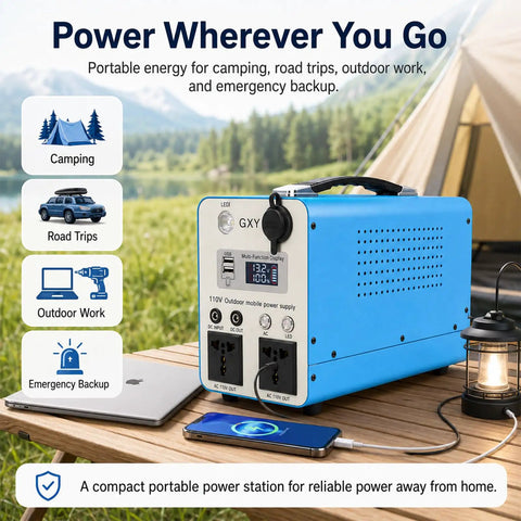 Heavy Duty LiFePO4 Portable Power Station 300W 500W Pure Sine Wave AC Output on wooden table in camping setup.