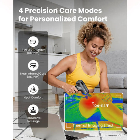 Woman using T2 Ultra Percussion Massage Gun With Heated Infrared Red LED Therapy For Deep Tissue Muscle Recovery on leg indoors