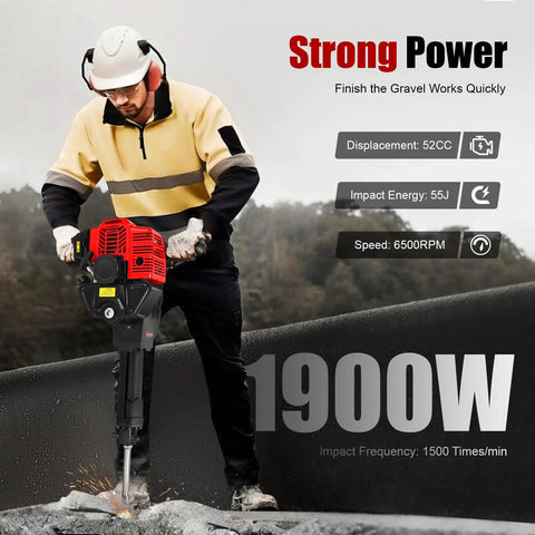 Worker using a 52Cc Gas Jack Hammer With 2.4Hp Two Stroke Engine Plus Two Steel Picks for quick demolition.