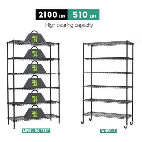Workhorse Heavy Duty Six Tier Wire Shelving Cart With Smooth Glide Casters Garage Storage Rack Adjustable Metal Shelf Organizer Utility Rack 2100 Lbs Capacity 18x48x82 Black