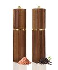 Two Pack Acacia Wood Salt And Pepper Grinder Set With Refillable Design Adjustable Ceramic Core Gold Stainless Steel Accents