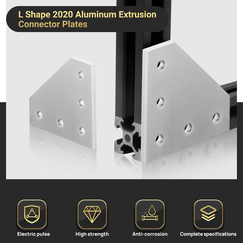 12 Set Corner Bracket Kit For 20x20mm Aluminum Extrusion Profiles With L Shape Joint Plates, shown installed, silver.