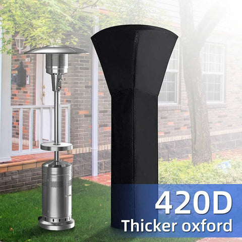 Universal Patio Heater Cover 89H X 33D X 19B Waterproof With Zipper 420D Fabric beside a patio heater outdoors