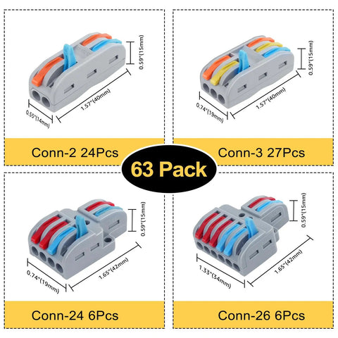 63-Piece Lever Wire Connector Kit For Home Wiring And Lighting, includes various port sizes, displayed in grid layout