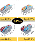 63 Piece Lever Wire Connectors Kit With 2In 2Out, 3In 3Out, 2In 4Out, 2In 6Out, multi port connectors for home wiring.