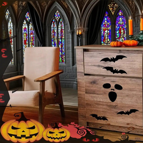 8Pcs Halloween Acrylic Router Templates Set for Scary Pumpkin Face Carving and Door Mats Stencils displayed in a spooky room with pumpkins.