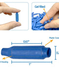 Close-up of Blue Gel Filled Wet B Type Wire Connectors For Low Voltage Splice Waterproof Outdoor Crimp Beads, dimensions labeled