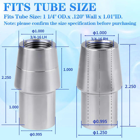3/4-16 Heim Joint Rod End Set With Right Hand And Left Hand Threads Includes Lock Nut And Bushing, Easy Weld Install For Suspension Upgrades, Durable Off Road Performance Kit For UTVs And High Horsepower Builds. tube adapter with 3/4-16 LH/RH threads for 1.25 OD tube