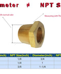 Comparison of diameter and NPT size with brass fitting, Brass Pipe Fitting Hex Bushing Set NPT Male To Female Adapters Kit details shown