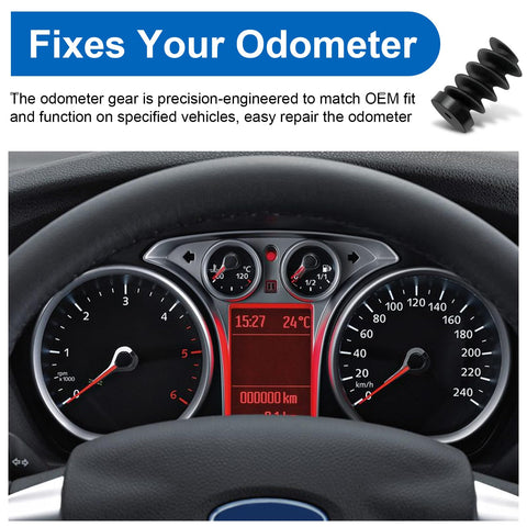 Dashboard displaying odometer reading with Ranger F150 Odometer Gear Kit Replacement With Speedometer Worm Gear For Ford Mazda Mercury Models Solid Fix For Stopped Or Erratic Odometer Readings 1 Pack shown in corner.