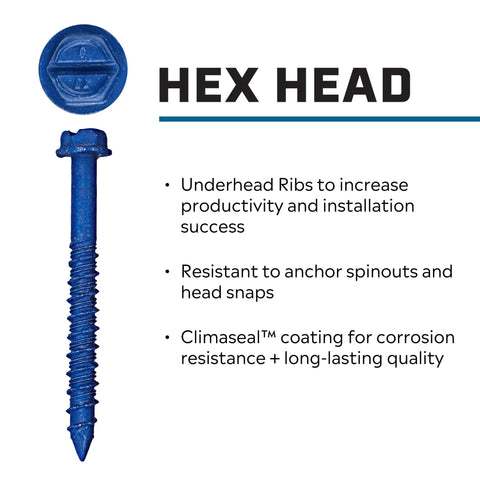 Blue Climaseal Hex Head Concrete Anchors 1/4 By 3-3/4 Inch with under-head ribs and corrosion-resistant coating.