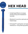 Solid As A Rock Heavy Duty Concrete Screws 1/4 X 2-3/4 Inch Hex Head with Climaseal coating and underhead ribs.
