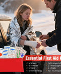 Emergency Roadside Tool Kit With Jumper Cables And Shovel Auto And Truck Vehicle Safety Kit Bag For Men And Women With First Aid Kit Winter Basic Roadside Essentials For On The Go shown with first aid kit essentials and blanket outdoors.
