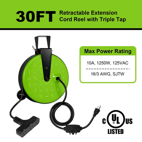 30 Ft Retractable Extension Cord Reel With 16/3 SJTW Heavy Duty Power Cord And Three Outlets, 10 Amp Circuit Breaker, UL Listed