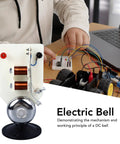 Top Shelf Electric Vertical Acoustics Demonstration Kit For Classroom Physics Labs And Science Teaching Aid To Visualize Air Sound Waves With Heavy Duty Educational Vibrations And Sweet Visual Feedback showing an electric bell mechanism and a student's hand.