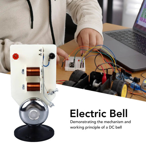 Top Shelf Electric Vertical Acoustics Demonstration Kit For Classroom Physics Labs And Science Teaching Aid To Visualize Air Sound Waves With Heavy Duty Educational Vibrations And Sweet Visual Feedback showing an electric bell mechanism and a student's hand.