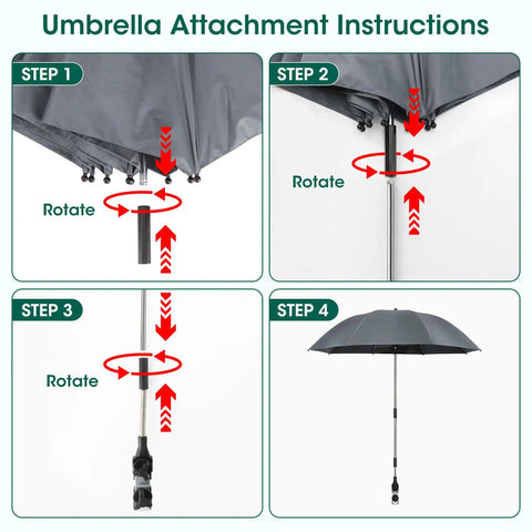 Instructions for assembling clamp umbrella on Two In One Garden Kneeler With Umbrella And Portable Stool For Easy Yard Work.