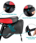 Installation of Bike Tire Repair Kit With Waterproof Saddle Bag On The Go secured to bike seat with adjustable straps