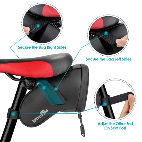Installation of Bike Tire Repair Kit With Waterproof Saddle Bag On The Go secured to bike seat with adjustable straps