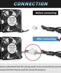 Beefy 6 Inch Axial Fan 110V 120V AC 150x50mm Metal Cooling Fan connection setup before and after wiring for DIY projects.