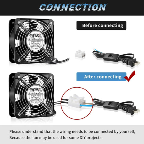 Beefy 6 Inch Axial Fan 110V 120V AC 150x50mm Metal Cooling Fan connection setup before and after wiring for DIY projects.