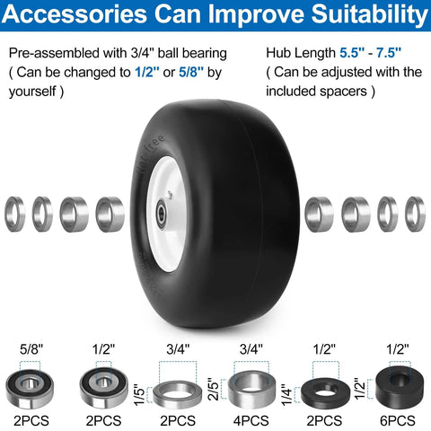 Front 13x6.50-6 Flat Free Mower Tires And Wheels For Zero Turn Mowers With Smooth Tread No Flat Needed Centered Hub