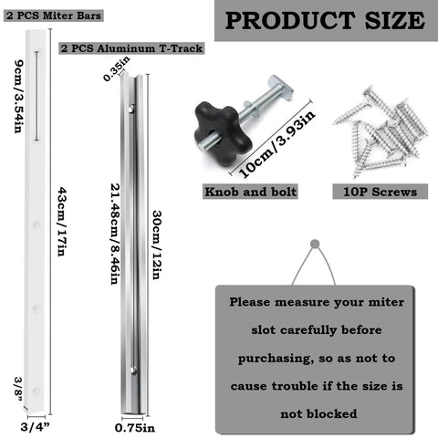 Table Saw Crosscut Sled Kit With Aluminum T Track And UHMW Miter Bars For Precise DIY Woodworking size chart with components