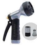 Small Metal Garden Hose Nozzle With Seven Spray Patterns and Easy Grip Handle, two hose connectors shown
