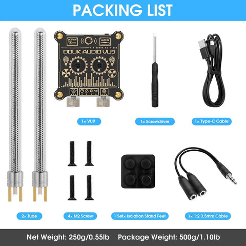 VU9 Pixie Tube Sound Level Meter With Retro Nixie Tube Visual Audio Spectrum Display Dope Vibe Microphone And 3.5mm Aux Input Home Desktop Decoration Black 3.35 Inch packing list with tubes, cable, screwdriver, screws, and feet