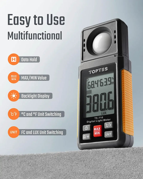 180 Degree Rotating Sensor Light Meter With Lux And Foot Candle Readings, Range 0.1 To 200000 Lux, Big Backlit 2.25 Inch LCD, Quick 0.5s Sampling, Perfect For Plant Lighting, Car Headlights, And Home Or Office LEDs. handheld digital light meter with backlit LCD and rotating sensor