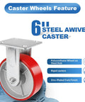 Six Inch Industrial Casters Heavy Duty Polyurethane Wheels On Steel Hub Zero Noise Roll Rigid Frame 1200 Pound Capacity close-up view of caster wheel.