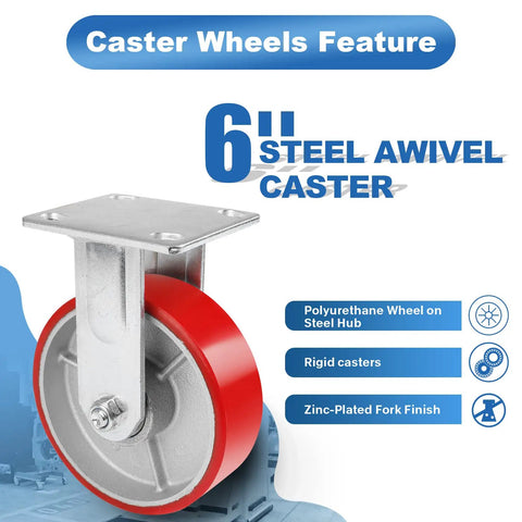 Six Inch Industrial Casters Heavy Duty Polyurethane Wheels On Steel Hub Zero Noise Roll Rigid Frame 1200 Pound Capacity close-up view of caster wheel.