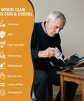 Man repairing a shoe with wood glue, product features listed: odorless, safe, high strength, fast curing, waterproof.