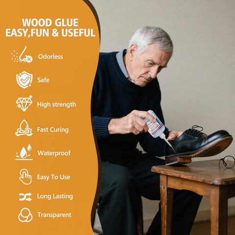 Man repairing a shoe with wood glue, product features listed: odorless, safe, high strength, fast curing, waterproof.