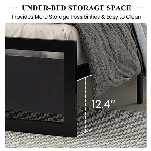 Under-bed storage space of the Kick Back On This Heavy Duty Queen Bed Frame With Modern Headboard And Black Steel Platform, 12.4" height.