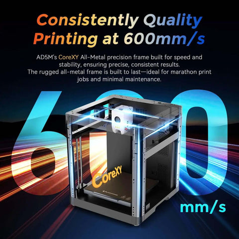 Fast 3D Printer AD5M With 1 Click Auto Calibration CoreXY Precision For High Speed Printing displayed against speed graphic