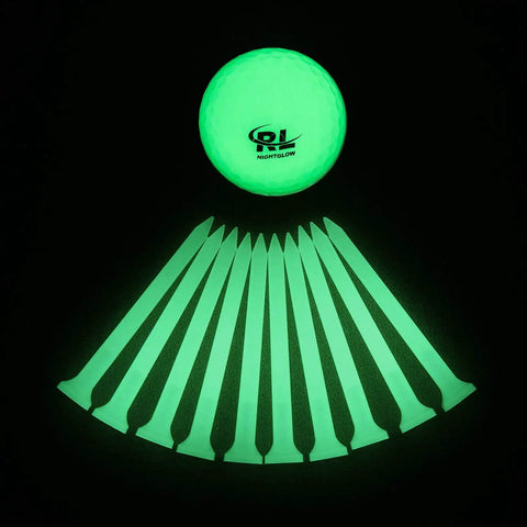 Glow In The Dark Golf Tees Two And Three Quarters Inch Pack Of 10 For Late Night Golf with glowing ball against black background