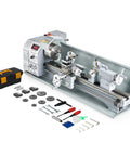 Benchtop Mini Metal Lathe With Nine By Twenty Four Inch Capacity 1100 Watt Brushless Motor 3000 Rpm Spindle Three Jaw Chuck Lcd Display with accessories.