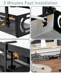 Close-up and installed views of 25 Inch Under Desk Cable Management Tray No Drill Clamp Heavy Duty Metal Cord Organizer for standing desk.