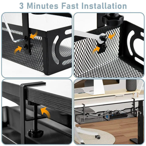 Close-up and installed views of 25 Inch Under Desk Cable Management Tray No Drill Clamp Heavy Duty Metal Cord Organizer for standing desk.
