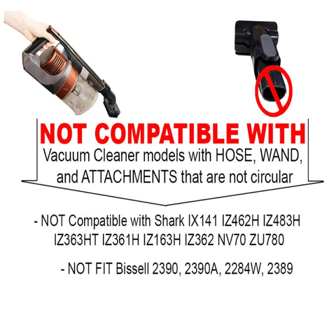 Pet Hair Be Gone Vacuum Attachment Cleaning Tool showing compatibility warning with non-circular hoses.