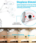 Diagram showing the stepless dimming feature of a 10X Magnifying Lamp With Clamp, 2200 Lumen Super Bright Light, Real Glass Lens.