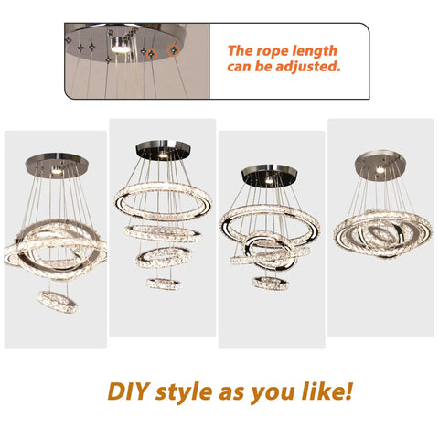 Dope Four Ring LED Crystal Chandelier Modern Flush Mount Ceiling Light With Adjustable Stainless Steel Pendant Design DIY Shape